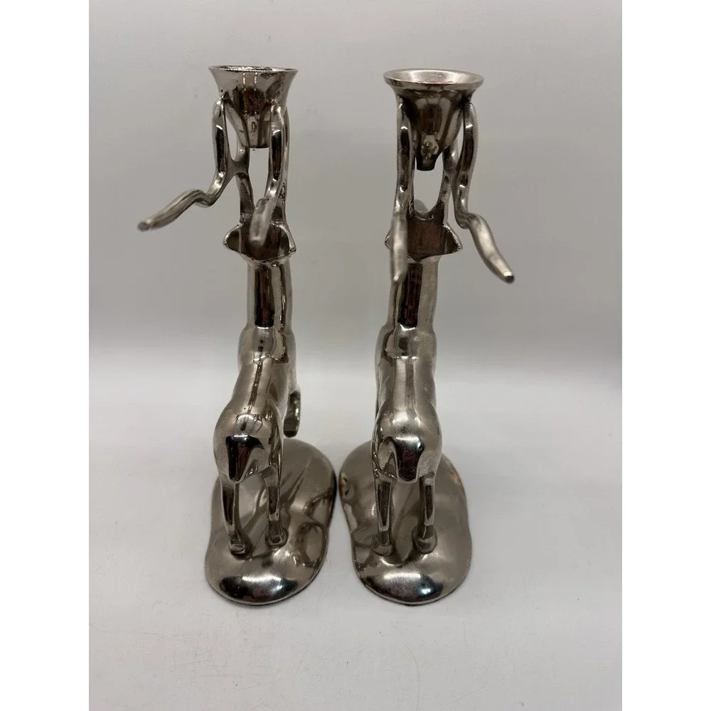 Vintage Silver Tone Reindeer Deer Candle Holders Pair Christmas Holiday‎ Decor